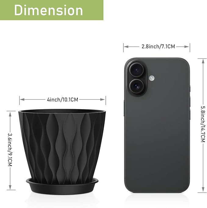 6 Pack 4 Inch Small Plant Pots with Saucers, 3D Textured Plastic Planters with Drainage Holes for Indoor and Outdoor Plants, Flowers, Herbs, Succulents, and Seedlings,Blue