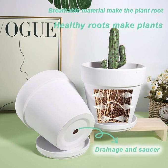 vensovo 6 Inch White Terracotta & Clay Pots for Plant with Saucer - 4 Pack Medium Terra Cotta Planter with Drainage Hole, Flowerpot for Indoor Outdoor Plants, Crafts, Wedding Favor