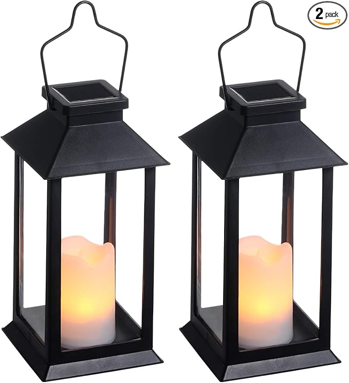 2 Pack Solar Lanterns, Outdoor Garden Hanging Lanterns, 11.8 Inch LED Flickering Flameless Candle Mission Lights for Yard, Table, Patio (Black)