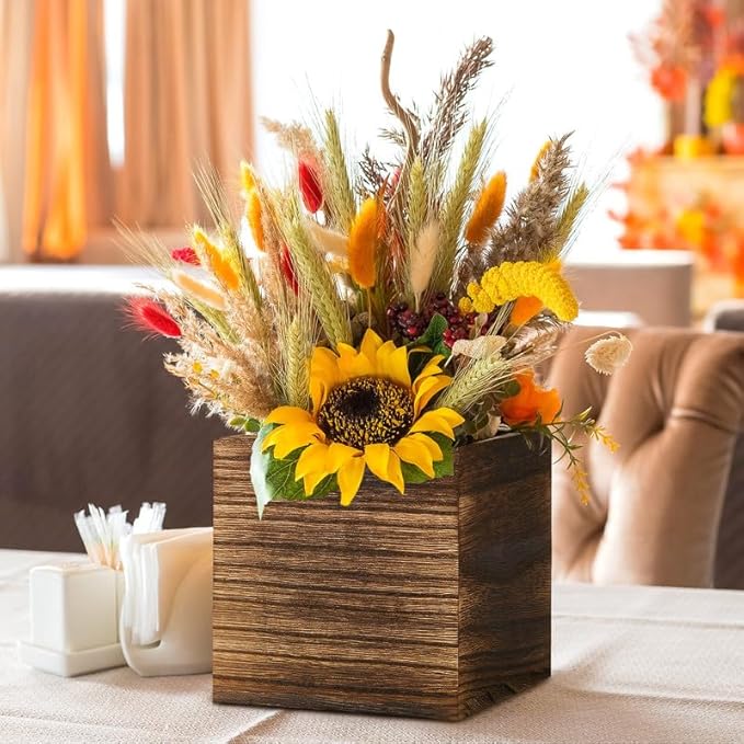 Dandat 12 Set Wood Cube Planter Box Square Wood Vase Rustic Cube Planter Box with Removable Plastic Liner Floral Foam Blocks for Centerpieces Home Wedding Garden Decor, Country Style (Brown)