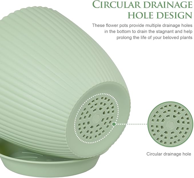 7/6.2/5.5/5/4.5/4 inch Plant Pots, 6 Pack Flower Pots for Small Indoor Outdoor Plants, Plastic Planters with Drainage Holes and Saucers for Garden Succulent House Plants, Green