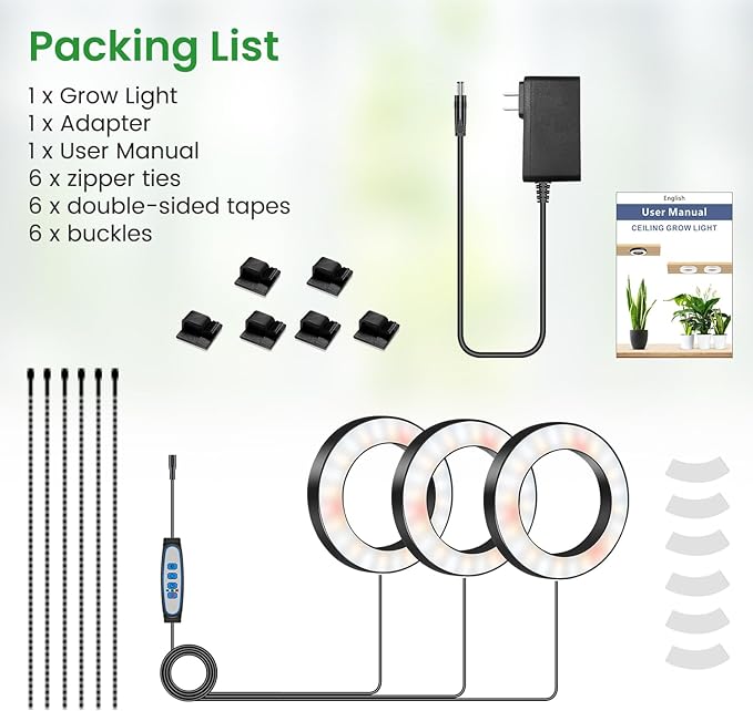 Wiaxulay 6.3” Ceiling Plant Grow Light, 252 LED Full Spectrum Halo Grow Lights for Indoor Plants, 12V/3A Under Cabinet Grow Lamp with 6/12/16 Hrs, 3 Lighting Mode, 5 Dimmable Levels, Tri Head