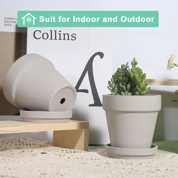 vensovo 4 Inch Small Grey Terracotta Plant Pots with Saucer - 6 Pack Clay Flowerpots with Drainage, Great for Indoor Outdoor Plants, Crafts, Wedding Favor