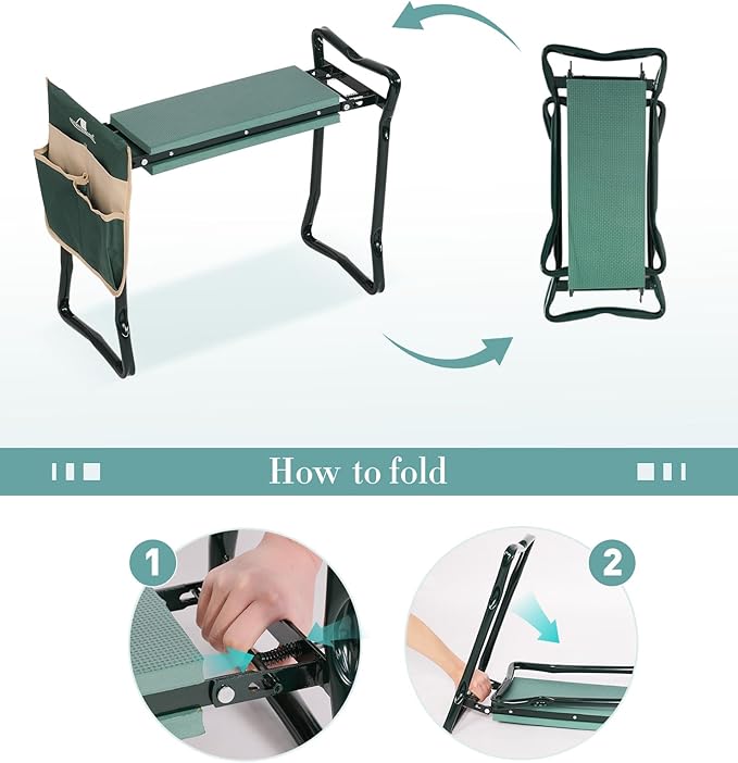 LUCKYERMORE Garden Kneeler and Seat Heavy Duty Gardening Bench for Kneeling and Sitting Folding Garden Stools with Tool Pouch and Kneeling Pad