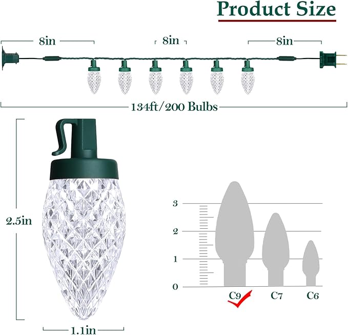 C9 LED Christmas Lights, 134FT 200 Bulbs Outdoor Christmas Decorations for House Waterproof String Lights Extendable Green Wire Fairy Lights for Patio Xmas Garden Party Wedding Indoor Pure White