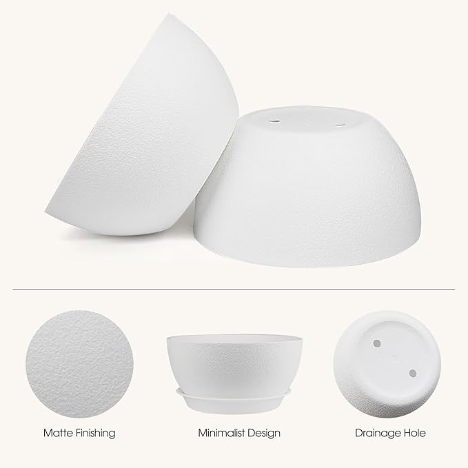 12 inch Plant Pots Pack of 2, Plastic Planter with Drainage Holes and Saucers, Plant pots for Indoor Outdoor Use, Flower Pots for All House Plants (White)