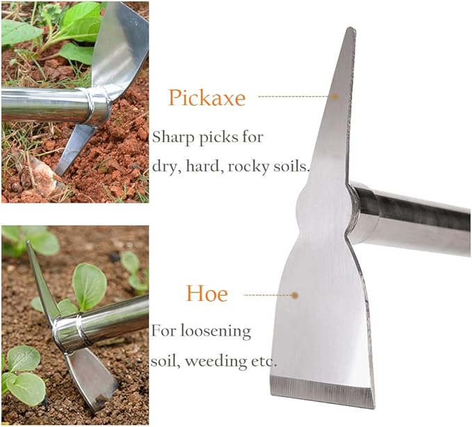 Gardening Hoe, 2 in 1 Shovel and Pickaxe, Digging Hoe Garden Tools Heavy Duty Stainless Steel Vegetable Flower Planting Digging Gadget (Shovel and Pickaxe)