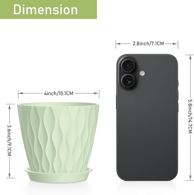 12 Pack 4 Inch Small Plant Pots with Saucers, 3D Textured Plastic Planters with Drainage Holes for Indoor and Outdoor Plants, Flowers, Herbs, Succulents, and Seedlings, Green