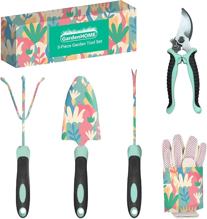 5-Piece Tool Set, Durable Garden Kit with Ergonomic Non-Slip Handles, Accessories and Gifts for Women, Floral Design for Yard and Gardening Work