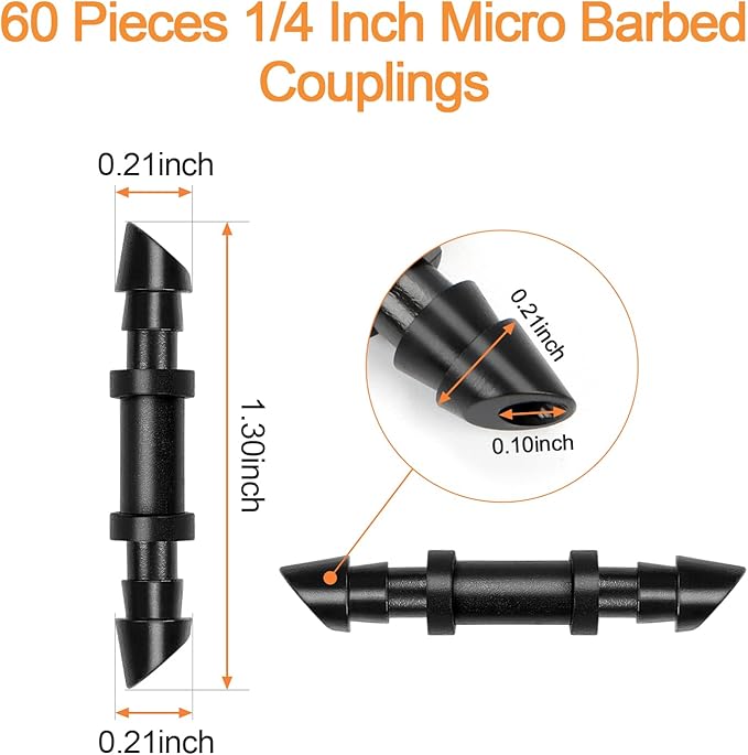 60 Pieces 1/4" Drip Irrigation Coupling Fittings：Drip Line Double Barbed Coupler Connectors for 1/4 Inch Irrigation Tubing Quick Connect 1/4'' Coupler with Sharp End for Drip Irrigation System