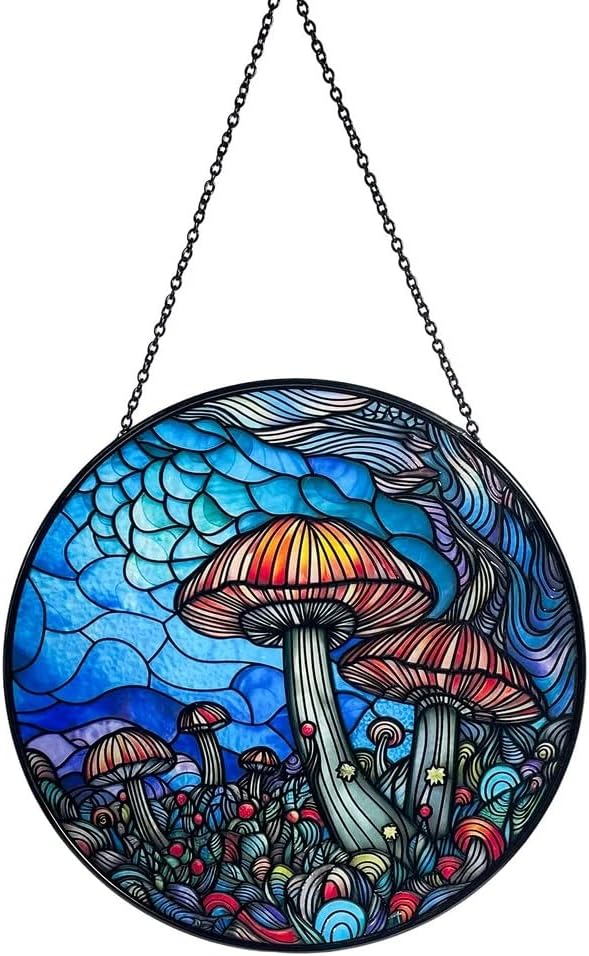 Stained Glass Window Hanging - 7.8‘’ "Enchanted Forest Mushroom Suncatcher for Home and Office Décor Sun Catcher Circular Artwork