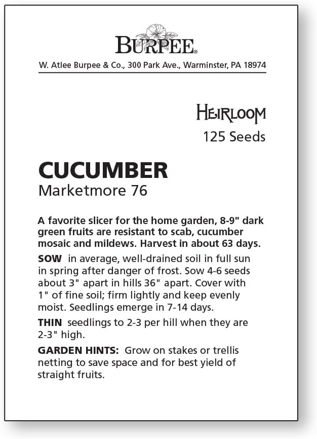 Burpee 'Marketmore 76' Slicing Cucumber Seeds, 125 Non-GMO seeds, Heirloom