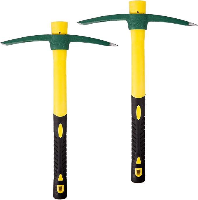 2 Packs 15 Inch Pick Mattock Hoe, KINJOEK 1.5Lbs Forged Weeding Garden Pick Axe with Fiberglass Handle for Digging Loosening Soil, Gardening, Camping or Prospecting