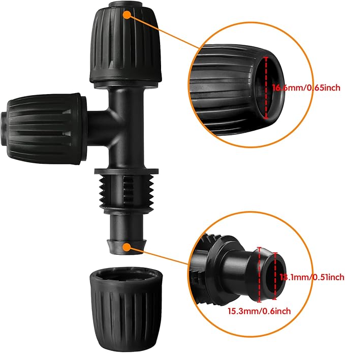 Drip Irrigation Fittings for 1/2 Inch Tubing (0.60"-0.63" OD), 10 Pieces Barbed Tee Drip Parts Locked Tee Connectors, 3 Way Drip Line Nuts Connectors for 1/2" Drip Irrigation Hose (13mm ID)