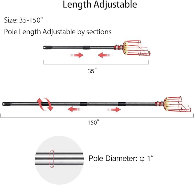DonSail Fruit Picker Pole with Basket Telescoping, Adjustable Citrus Orange Picker Pole with Basket 35-150 inch Long Handle, Mango Avocado Fig Acorn Pear Pomelo Chery Lemon Picker for Tree