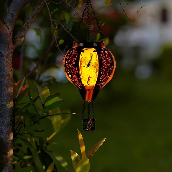 Dragonfly Solar Hot Air Balloon Lantern with Flame, Light Solar Outdoor Lantern Hanging Lanterns Decor for Garden Yard Patio, Dragonfly Gifts for Women Mom Grandmom