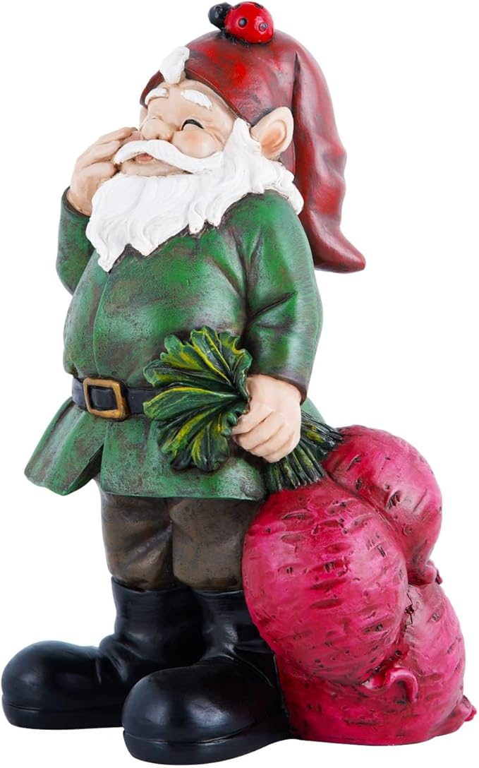 Topadorn Gnomes Figurine Resin Sculpture Garden Gnome Drag a Brunch of Radishes Statue with a Ladybug for Outdoor Garden Decor, Radish Harvest 10 Inch
