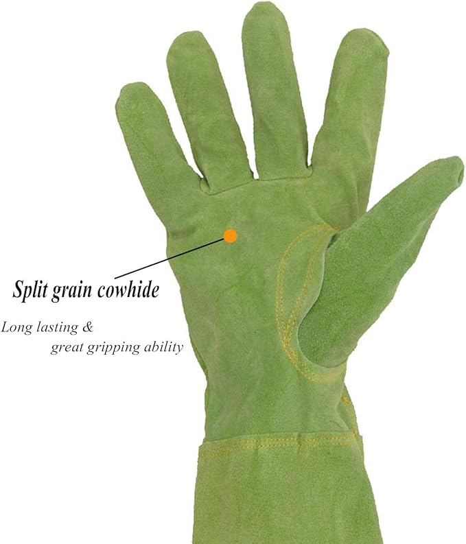 HANDLANDY Ladies Leather Gardening Gloves, Thorn Proof Long Gauntlet Heavy Duty Garden Gloves, Elbow Length Women Rose Pruning Gloves (Medium, Green)