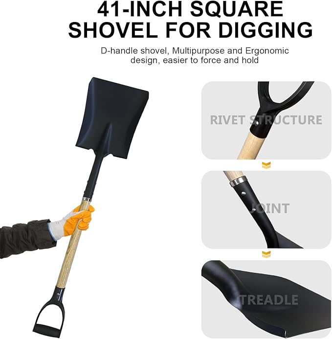 Flat Shovel, Square Shovel, Transfer Shovel, Snow Shovel, 41 inch Long, Durable D Grip Shovel, for Farming, Outdoor Works, Gardening, Landscape Works