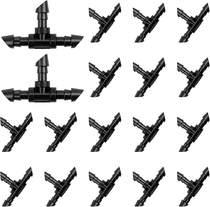 50 Pieces Drip Irrigation Fittings, 1/4 Inch Barbed Tee Fittings, Barbed Connectors for 1/4 Inch Irrigation Tubing for Drip Sprinkler Garden Lawn System