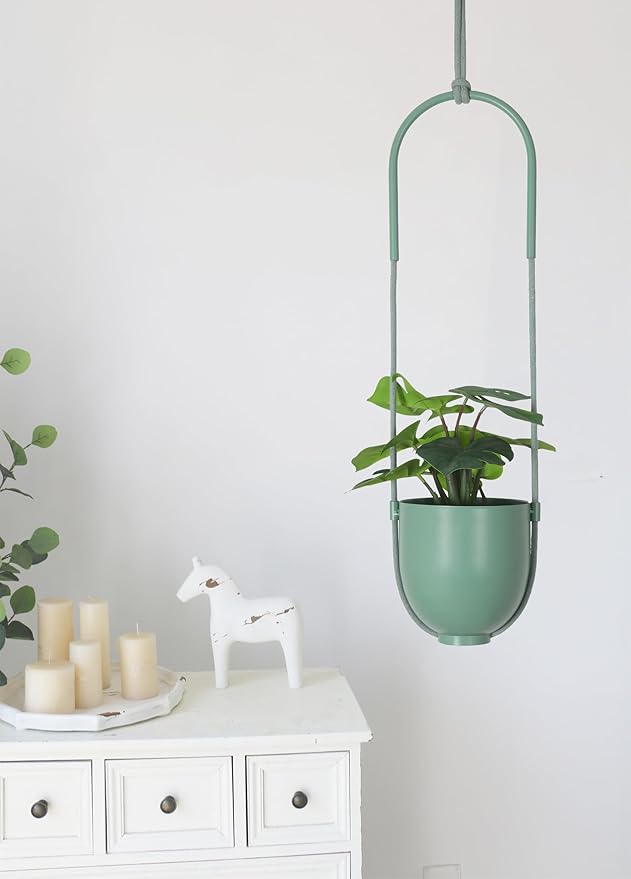 Metal Hanging Planter for Indoor Outdoor Plants Modern Wall and Ceiling Hanging Plant Holder Boho Flower Pot Hanger for Vines Succulents Ferns Room Decor(Green)