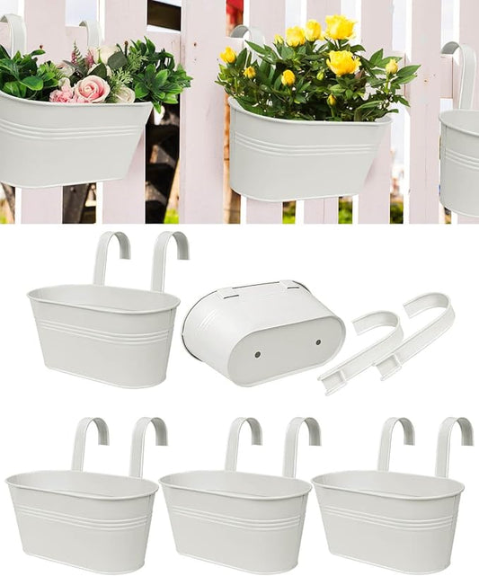 vensovo Metal Railing Planter for Outdoor Plants - 5 Pack Balcony Hanging Flower Pots with Detachable Hooks and Drain Holes Oval Bucket Rail Box Fence Planters for Home Garden Decor, White