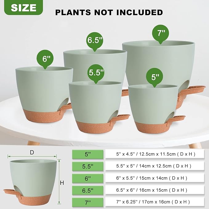 Plant Pots Indoor 7/6.5/6/5.5/5 Inch Self Watering Planters for Indoor Plants with Drainage Hole, Plastic Flower Pots for Succulents, African Violet (Green)