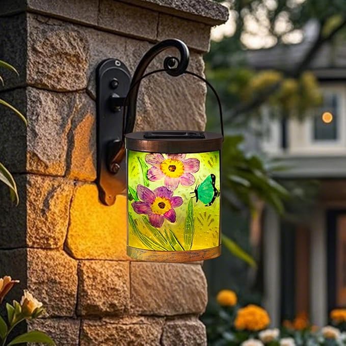 Starsoul 2 Pack Hanging Solar Lantern Outdoor Waterproof Glass Butterfly and Flowers Decorative Solar Lights for Outside Garden Yard Table Patio Decor