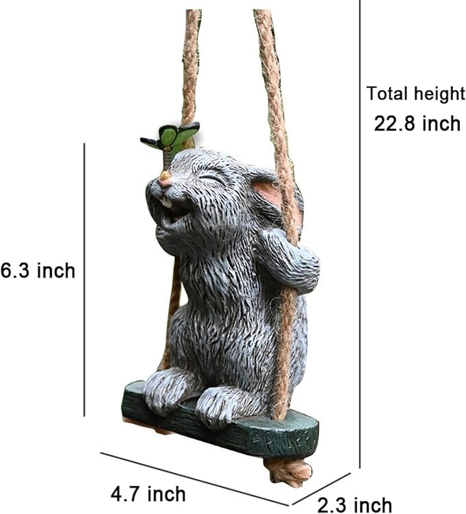 OwMell Garden Rabbit Statues, Cute Swing Bunny with Butterfly Statue Decoration for Yard Hanging Outdoor, Tree Ornaments Figurine for Stump Branch Lawn Patio Decor