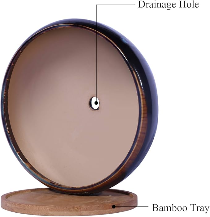 SQOWL 7 Inch Round Ceramic Succulent Planter Pot Drip Glazed Shallow Planter with Drainage Bamboo Tray for Indoor Plants