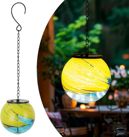 Hanging Solar Lanterns Outdoor Waterproof, Gazing Ball Globe Solar Lantern, Hanging Glass Lantern for Garden Yard Tree Outdoor Decoration