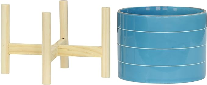 8" Ceramic Planter on Wooden Bamboo Stand - Contemporary Blue While Striped Design For Indoor or Outdoor Plants, Succulents, Cactus