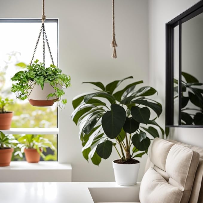 Hanging Planters for Indoor Plants (10 Inch, 2 Pack) Hanging Flower Pots Self Watering, Hanging Planter with Drainage Hole & 2 Kinds of Plant Hangers, Garden Home Decor (Black)