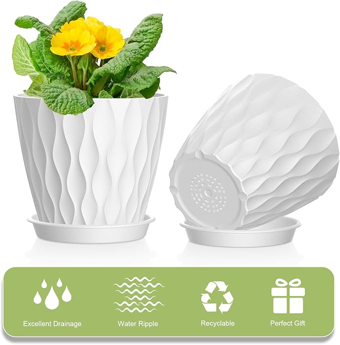 6 Pack 4 Inch Small Plant Pots with Saucers, 3D Textured Plastic Planters with Drainage Holes for Indoor and Outdoor Plants, Flowers, Herbs, Succulents, and Seedlings, White
