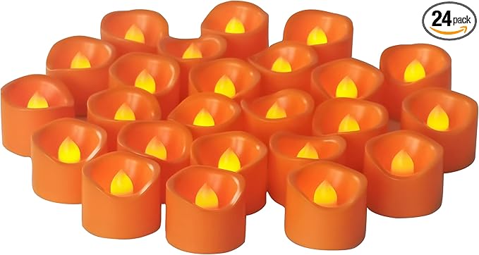 CANDLE CHOICE Battery Operated Flameless Tea Lights Orange Flickering LED Electric Fake Votive Tealight Candles Halloween Pumpkin Thanksgiving Christmas Decorations Centerpieces 24 Pack Batteries Incl