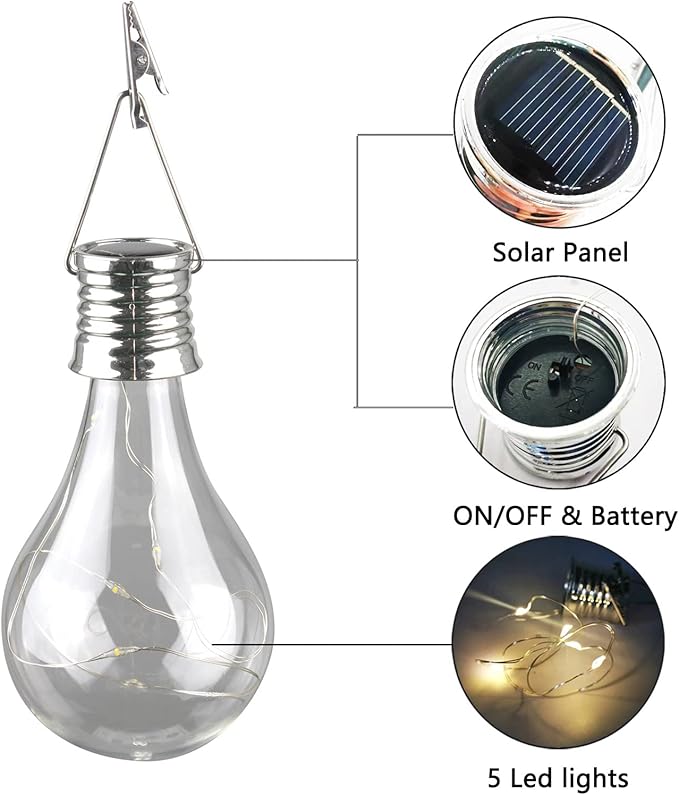 pearlstar Solar Light Bulbs Outdoor Waterproof Garden Camping Hanging LED Light Lamp Bulb Globe Hanging Lights for Home Yard Christmas Party Holiday Decorations (6 Pack-Clear Bulbs)