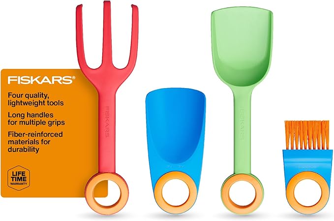 Fiskars Kids Garden Tool Set (4-Piece) - Ages 3+ Educational Toys for Yard Work - Cultivator, Trowel, Scoop and Brush with Organizational Hang Holes