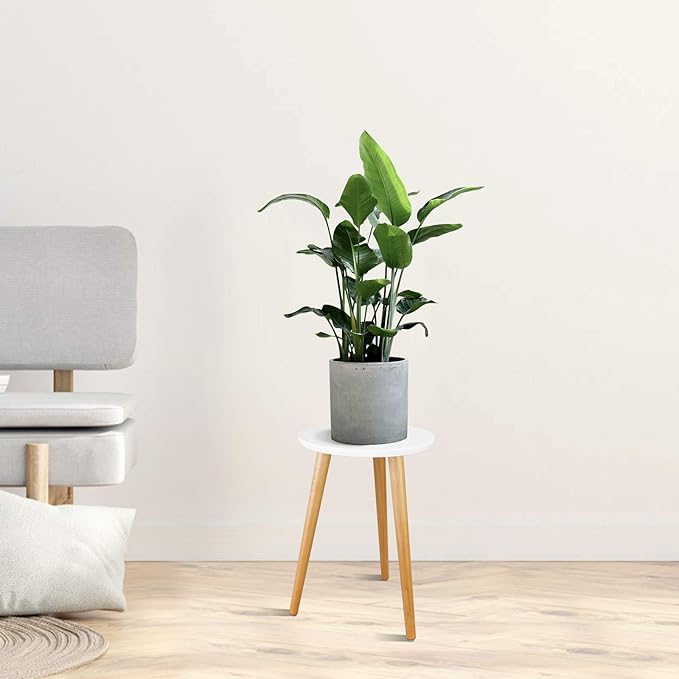 Uneedem Wood Mid Century Plant Stand for Indoor Plants, Modern Table, Tall Holder for Flower Pots, Small Round Side/End Table(A2 White, High: 16.5")