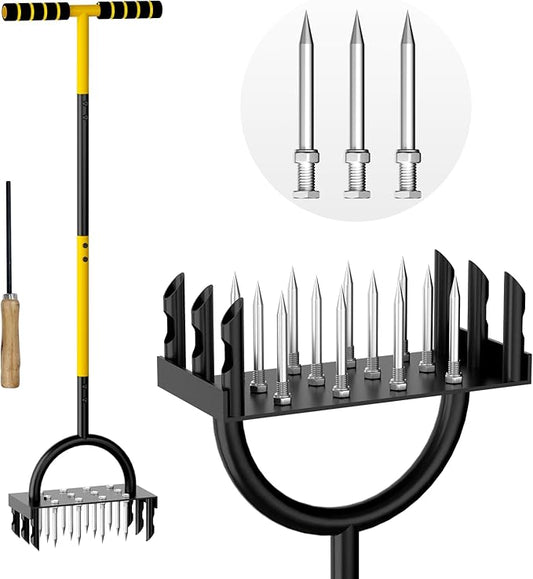 2-in-1 Lawn Aerator 43.3'',Aerator Lawn Tool with 18 Spikes,Manual Lawn Aerator Coring Tool,Yard Grass Plug Aerator for Lawn Aerating,Core Aerator with Cleaning Tool for Lawn Garden Care Compact Soil