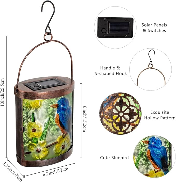 2 Pack Bluebird Solar Lanterns Outdoor Waterproof, Hanging Glass Solar Lantern with LED Light for Garden Yard Lawn