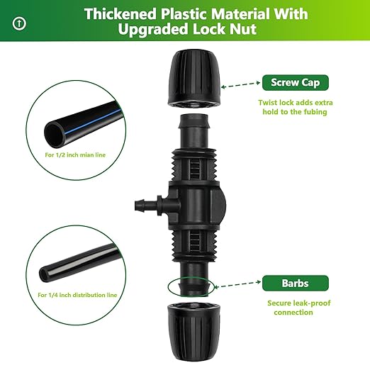 13 Pcs Drip Irrigation Fittings for 1/2 Inch Tubing (1/2" ID x 0.65" OD) to 1/4 Inch Irrigation Tubing, Locked Barbed 1/2" to 1/4" Reducing Tee Connector Drip Line Parts