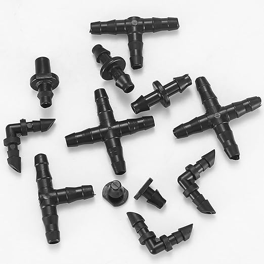 300 Pcs Irrigation Fittings Kit, Irrigation Barbed Connectors Parts, Drip Irrigation Barbed Connectors 1/4'' Tubing Fittings Kit (Single Barbs/Tees/End Plug/4-Way Coupling/Elbows/Straight Barbs)