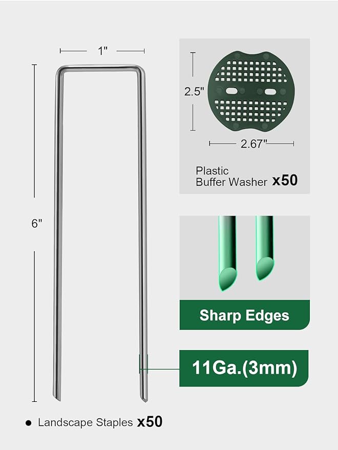 GROWNEER 50 Pack Galvanized Landscape Staples 6 inch 11 Gauge Garden Staples and 50 Pack Gasket U-Shaped Tent Stakes SOD Pins Yard Stakes for Securing Weed Fabric Barrier Ground Cover Fence