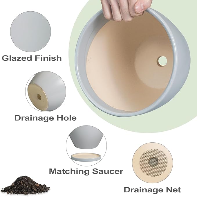 Ceramic Pots for Plants - 8 Inch Planter, Indoor Plant Pot with Drainage Hole and Saucers, Modern Flower Planters, Home Garden Patio Bathroom Porch Room Decor, Gray