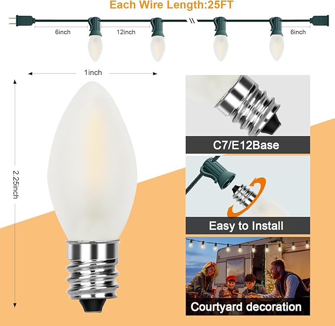 C7 LED Frosted White String Lights Outdoor 25Ft Christmas Decorations String Lights with 27 LED Frosted White Bulbs Hanging Vintage Christmas Lights for Outdoor Patio Garden Backyard Roofline, Green