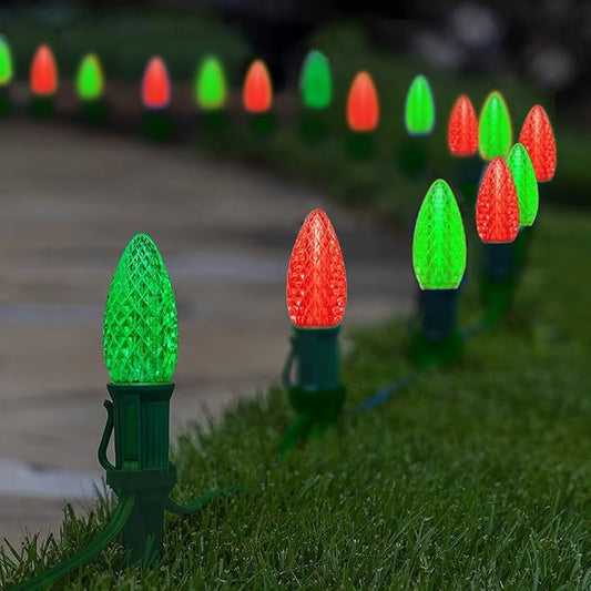 C9 Christmas Pathway Lights with Stakes,Red Green,30 Ft 20 Strawberry LED Bulbs and Stakes,Connectable Shatterproof Outdoor Lights Marker for Xmas Yard Garden Path Lawn Walkway Sidewalk