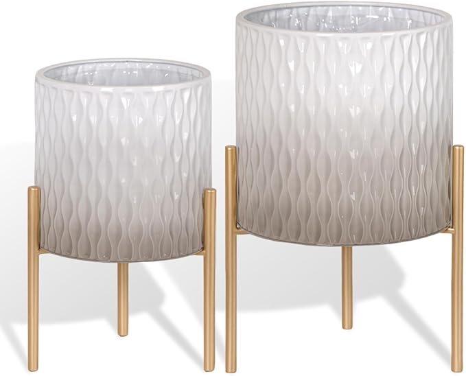 ARNIS Plants Pots with Stand, Set of 2 Indoor Planter Pots, Unique Mid Century Decorative Metal Flower Pots with Drainage,8.25 & 10.5 Inch, Grey and White