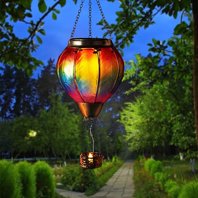 Starsoul 2 PC Rainbow Hot Air Balloon Solar Lantern with Flame Glass Outdoor Hanging Hot Air Balloon Solar Light Waterproof Garden Patio Yard Party Decorations