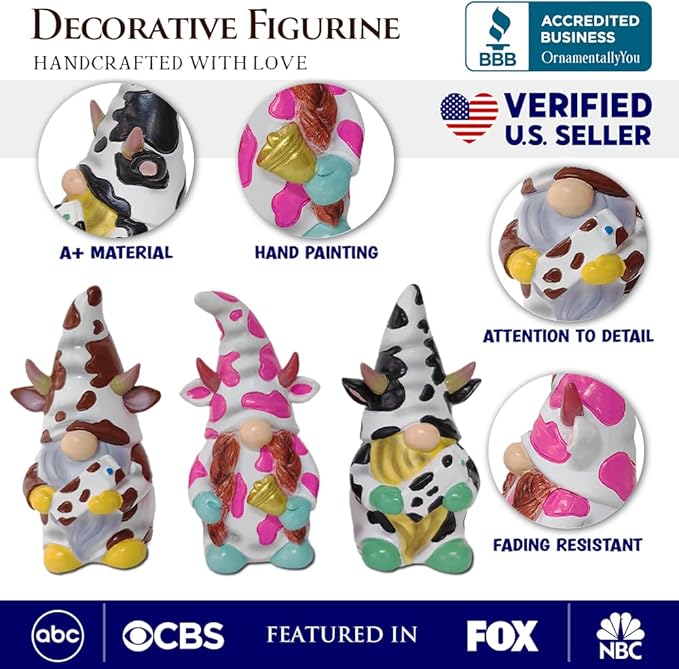 Spring & Summer-Themed Garden Statues – Adorable Outdoor Decor for Lawn, Patio & Porch (Cow Gnome Trio Mini Statue Set of Three, 5" Miniature Figurine and Unique Farm Resin Garden Statue)