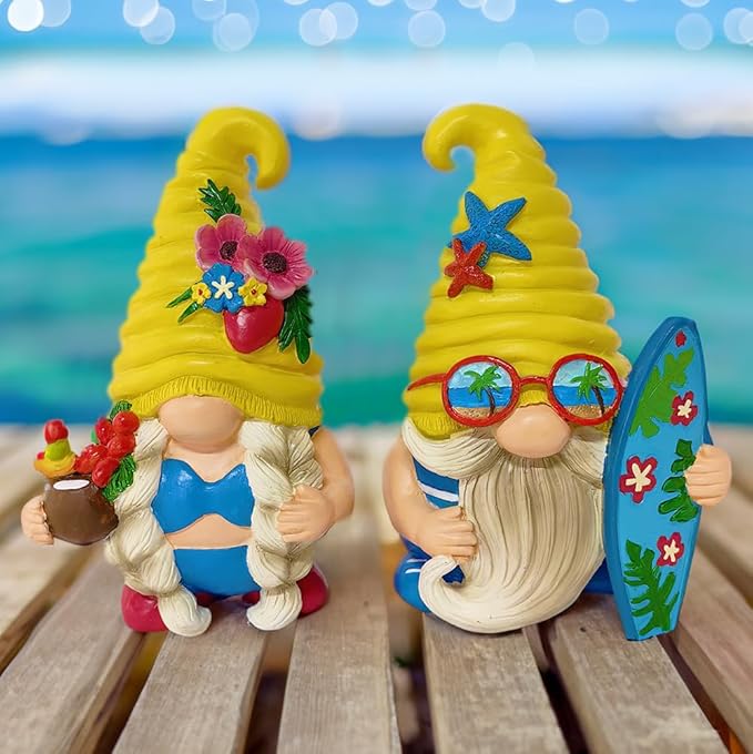 Spring & Summer-Themed Garden Statues – Adorable Outdoor Decor for Lawn, Patio & Porch (Tropical Beach Gnome Duo Figurine Set, Cute 6" Summer Decoration Garden Statue)